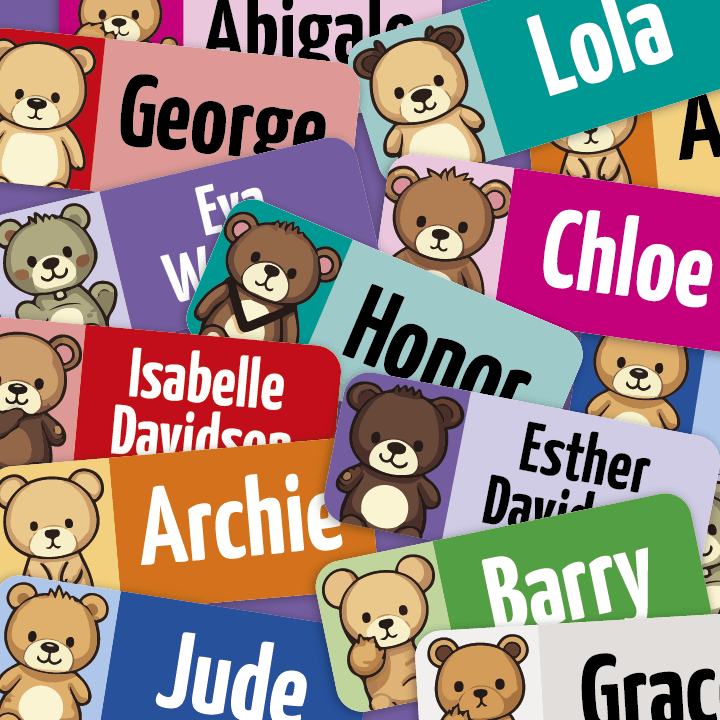 Product shot showing My Tags Small Cute bears. Lots of bright coloured labels and names