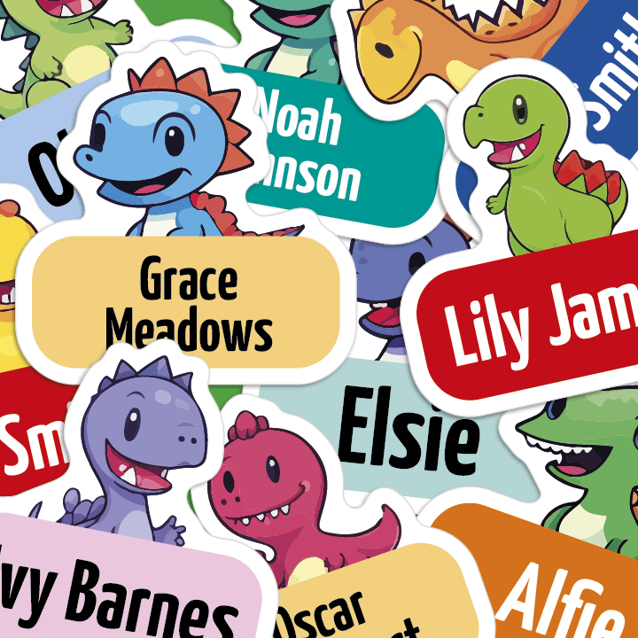 Picture showing lots of brightly coloured dinosaurs on different coloured name tags with peoples names printed on them
