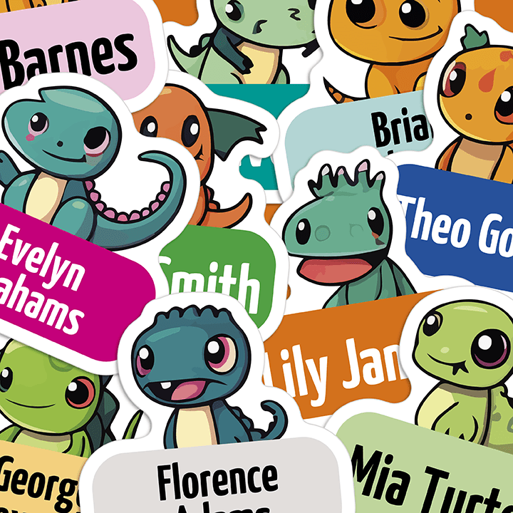 Picture showing different lizards on colourful name tags, with lots of names showing how they can look