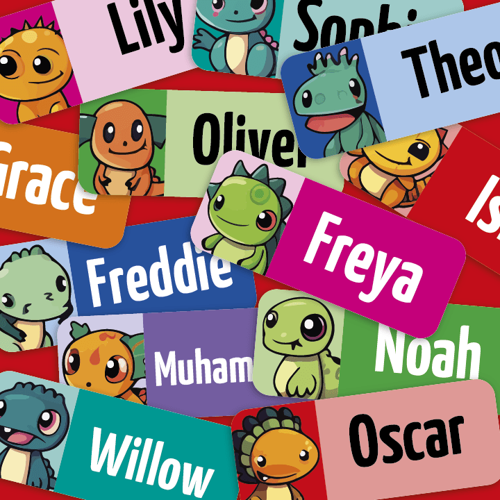 Product shot showing My Tags Small Cute lizards. Lots of bright coloured labels and names