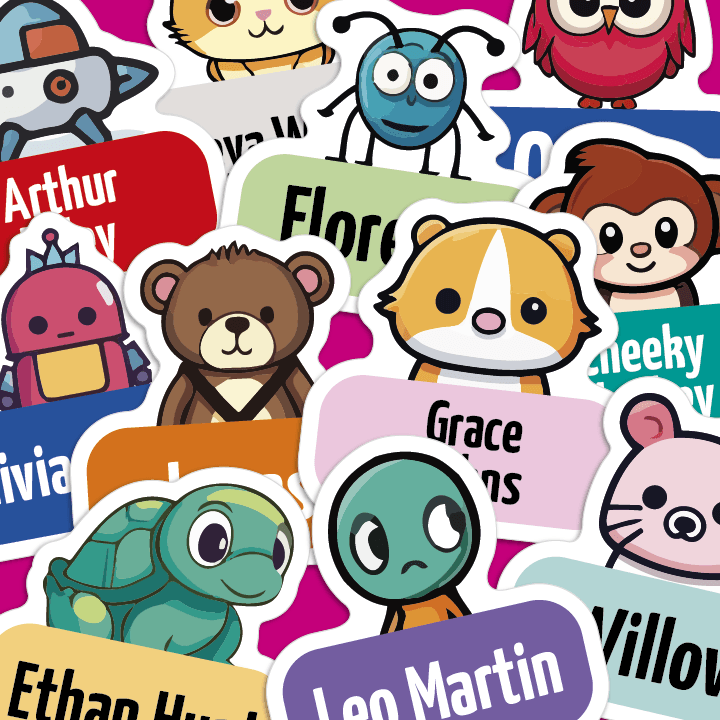 Picture showing a variety, or mix of characters including monkeys, bears, turtles, bugs, aliens, robots and owls. Shows lots of colourful name tags with peoples names