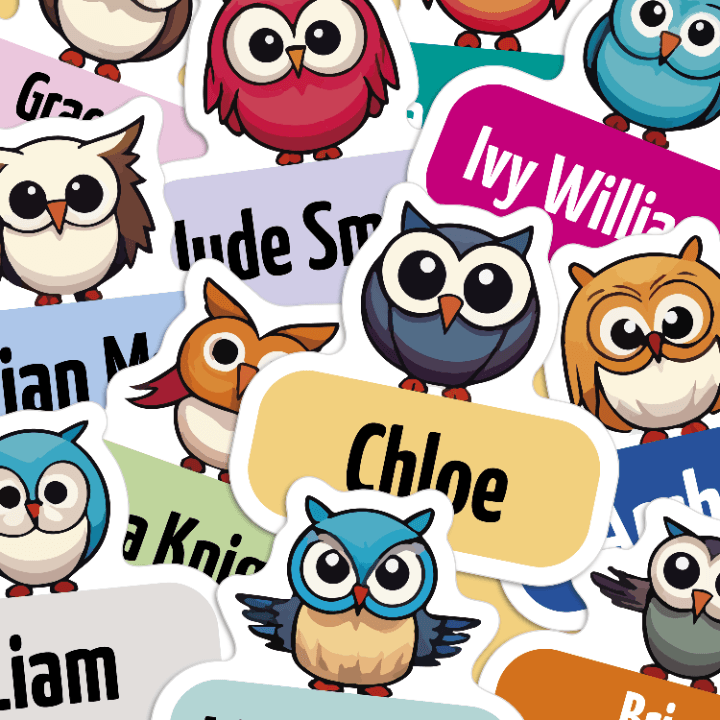 Picture of different owls used on name tags, with lost of customised colours and peoples names