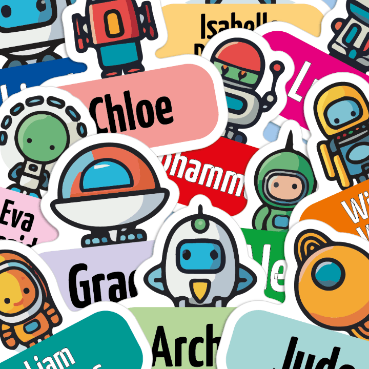 Picture of various spaceships, spacemen, robots and aliens used on colourful name tags, with peoples names as well