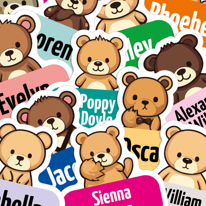 Lots of teddy bears used on shaped name tags. Bright colours are used with peoples names on them.