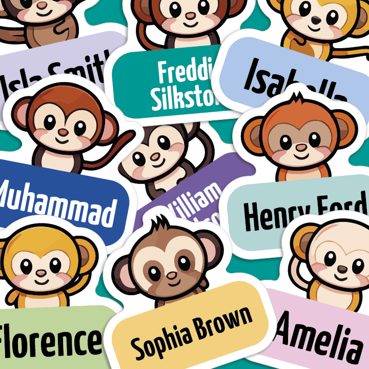 Picture of different monkeys used on name tags. Lots of bright colours and different peoples names