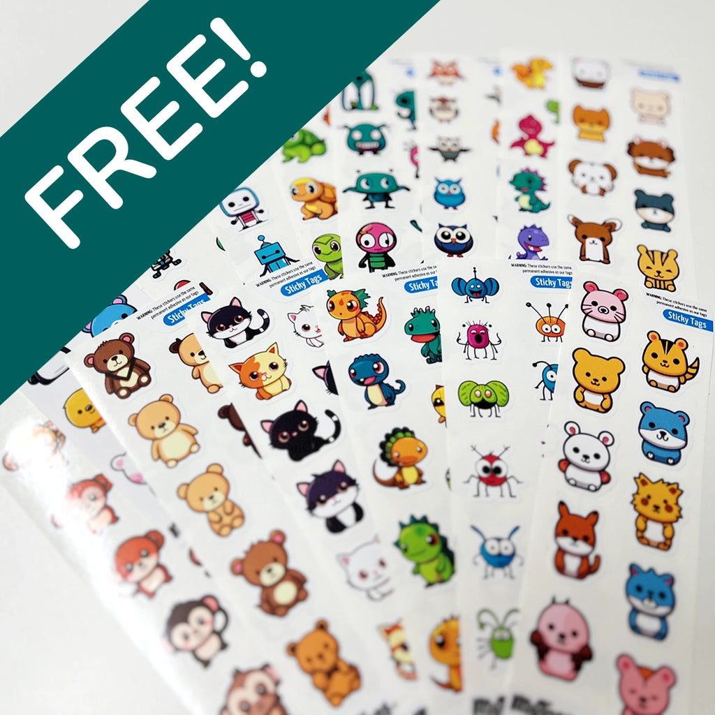Picture showing free sticker sheets with every order of Cute My Tags