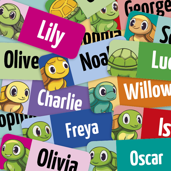 Product shot showing My Tags Small Cute turtles. Lots of bright coloured labels and names